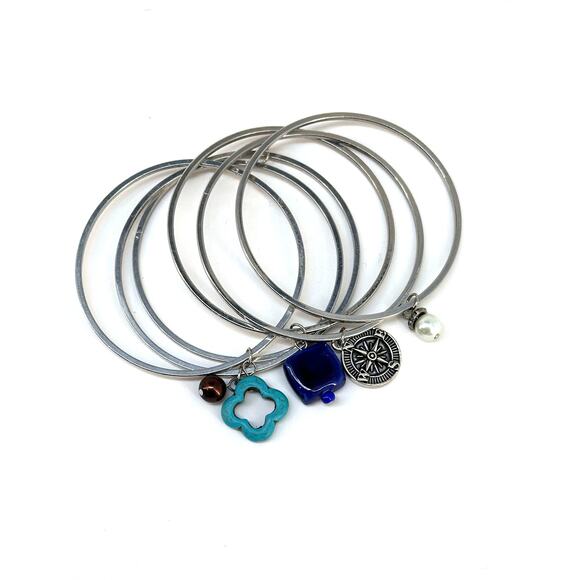 5 Bangle Bracelet Set  - Silver with charms - Picture 1 of 6